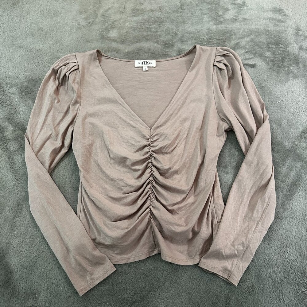 Nation LTD Los Angeles Angelina Long Sleeve Ruched Blouse Top MEDIUM Whisper